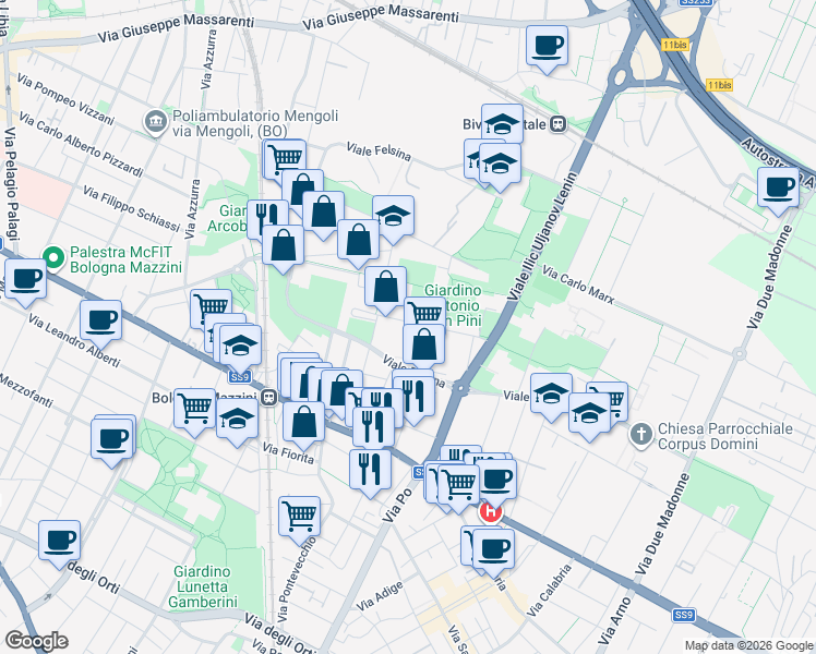 map of restaurants, bars, coffee shops, grocery stores, and more near Stradello in Bologna