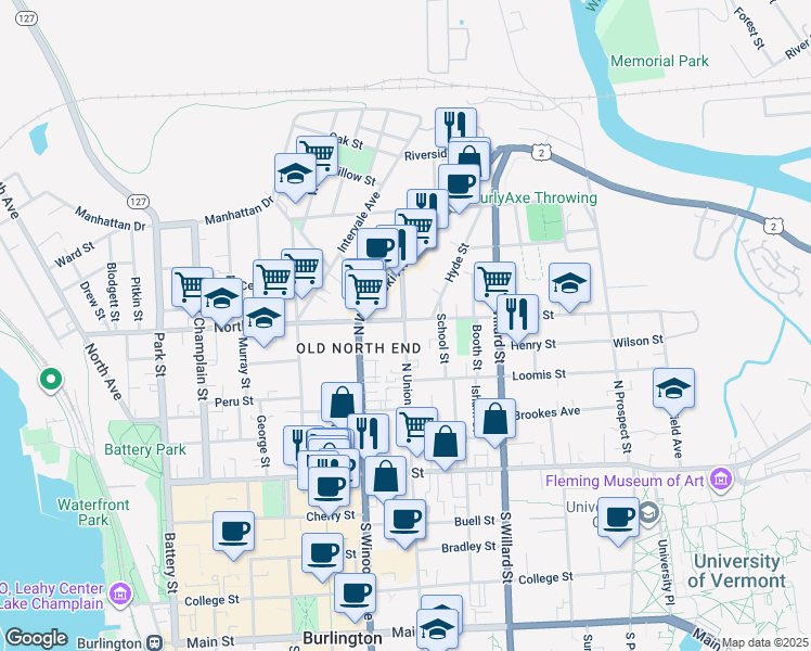 map of restaurants, bars, coffee shops, grocery stores, and more near 124 North Union Street in Burlington