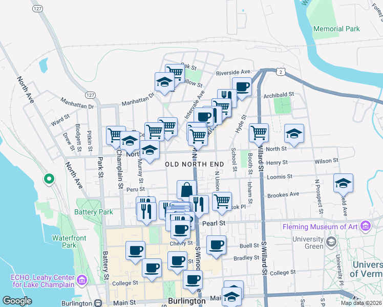 map of restaurants, bars, coffee shops, grocery stores, and more near 115 North Winooski Avenue in Burlington