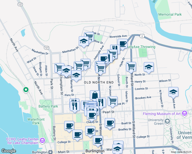 map of restaurants, bars, coffee shops, grocery stores, and more near 115 North Winooski Avenue in Burlington