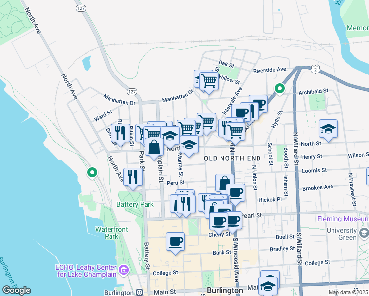 map of restaurants, bars, coffee shops, grocery stores, and more near 20 Allen Street in Burlington