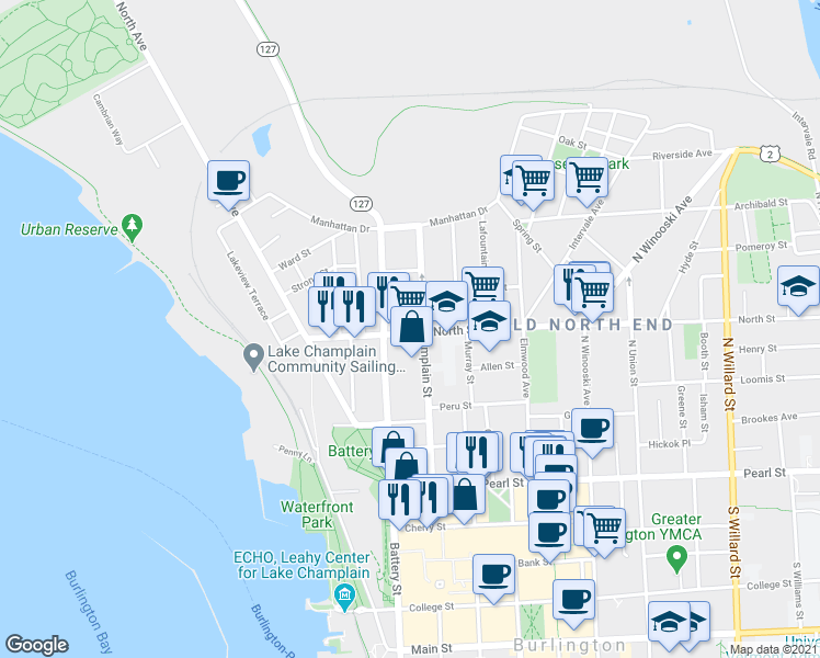 map of restaurants, bars, coffee shops, grocery stores, and more near 125 North Champlain Street in Burlington