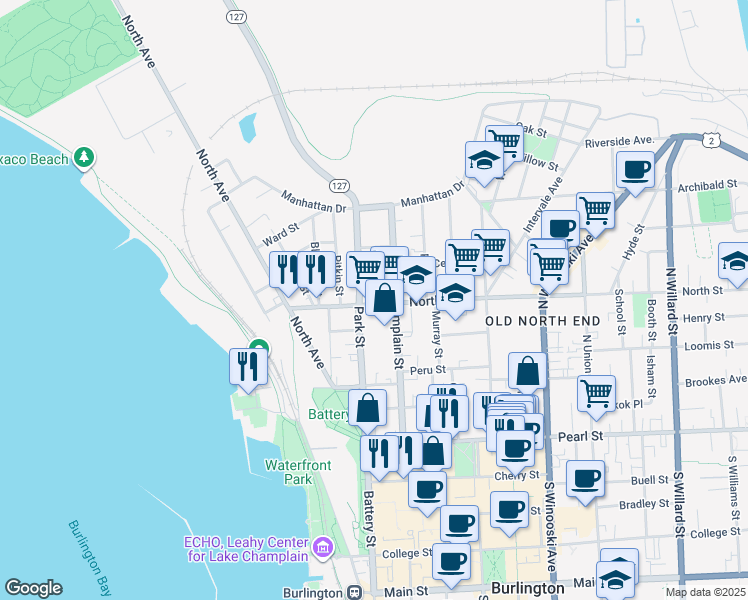 map of restaurants, bars, coffee shops, grocery stores, and more near 125 North Champlain Street in Burlington