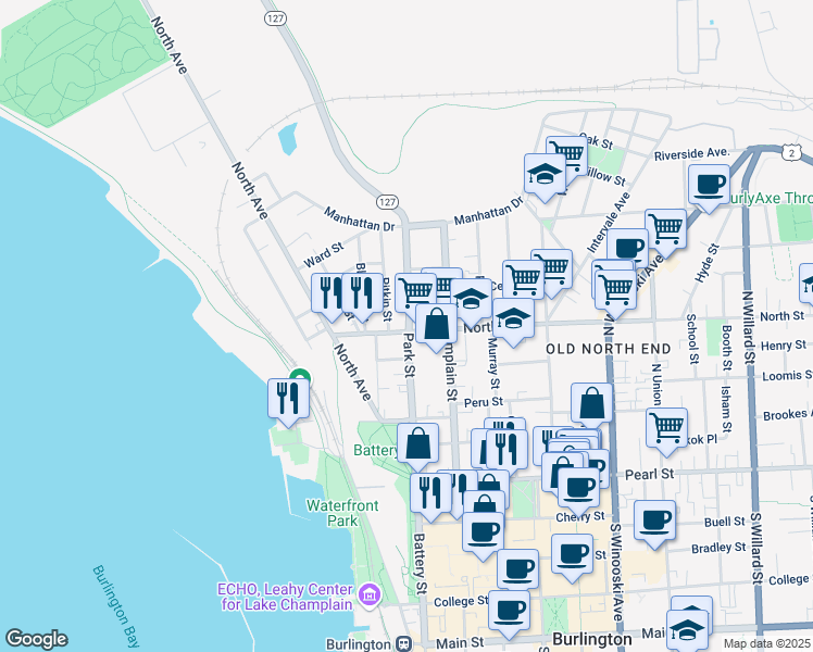 map of restaurants, bars, coffee shops, grocery stores, and more near 102 Park Street in Burlington