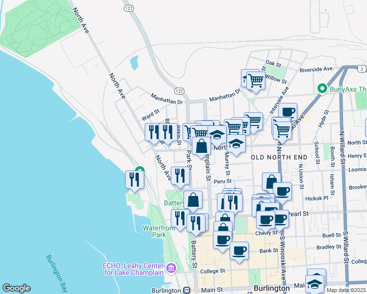 map of restaurants, bars, coffee shops, grocery stores, and more near 102 Park Street in Burlington
