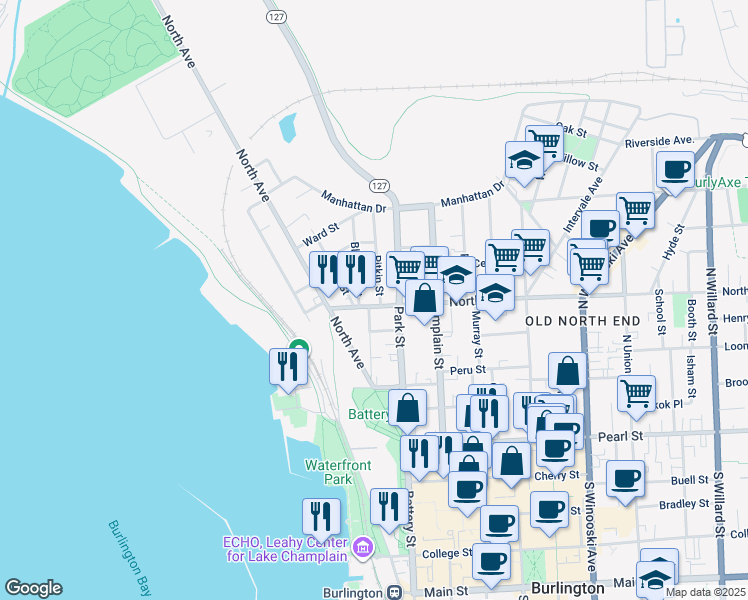 map of restaurants, bars, coffee shops, grocery stores, and more near 75 Front Street in Burlington