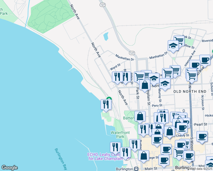 map of restaurants, bars, coffee shops, grocery stores, and more near 11 Lakeview Terrace in Burlington