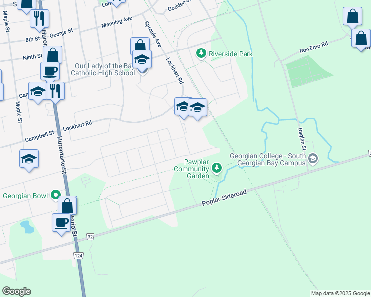 map of restaurants, bars, coffee shops, grocery stores, and more near 34 Dey Drive in Collingwood