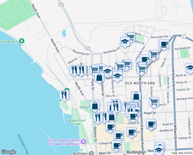 map of restaurants, bars, coffee shops, grocery stores, and more near 125 North Champlain Street in Burlington