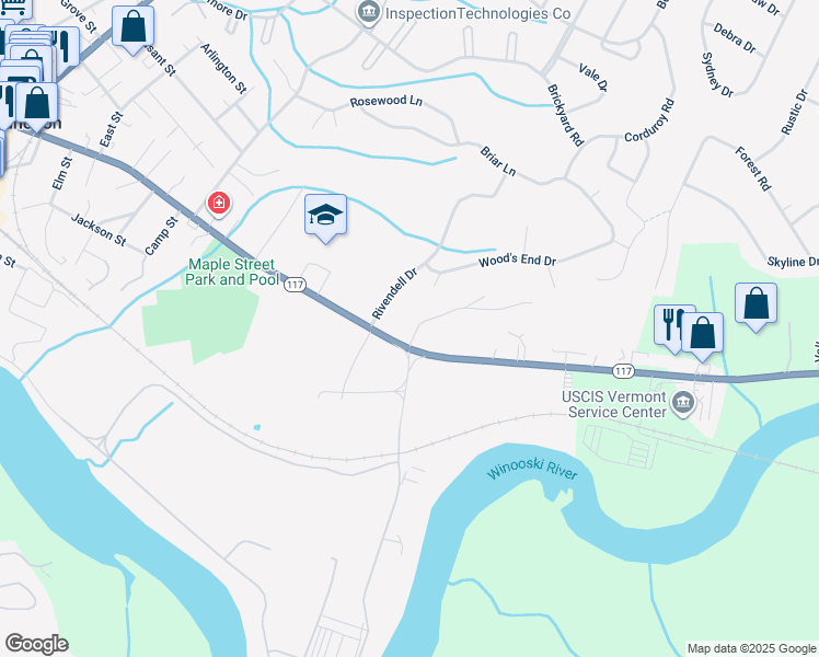 map of restaurants, bars, coffee shops, grocery stores, and more near 2 Maple Street Extension in Essex