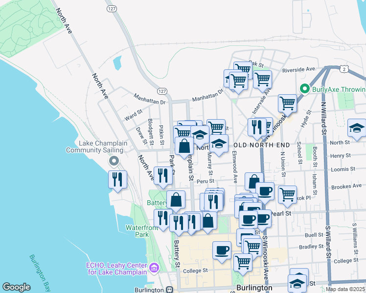 map of restaurants, bars, coffee shops, grocery stores, and more near 125 North Champlain Street in Burlington