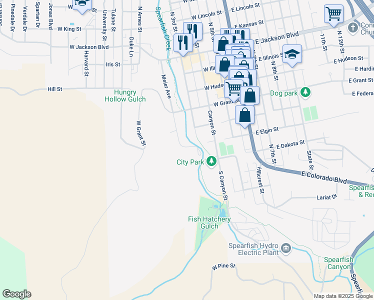 map of restaurants, bars, coffee shops, grocery stores, and more near Meier Avenue in Spearfish