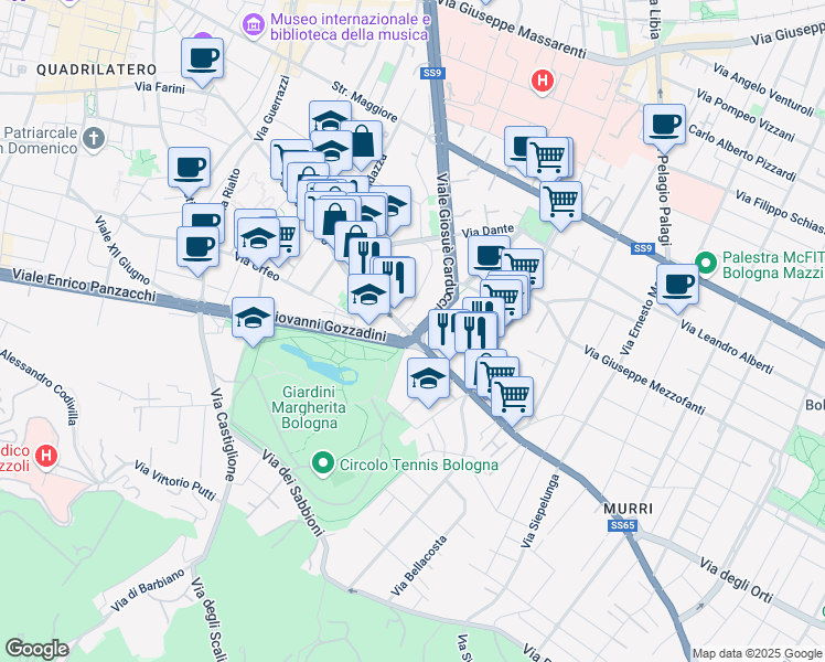 map of restaurants, bars, coffee shops, grocery stores, and more near 2-12 Via San Giuliano in Bologna