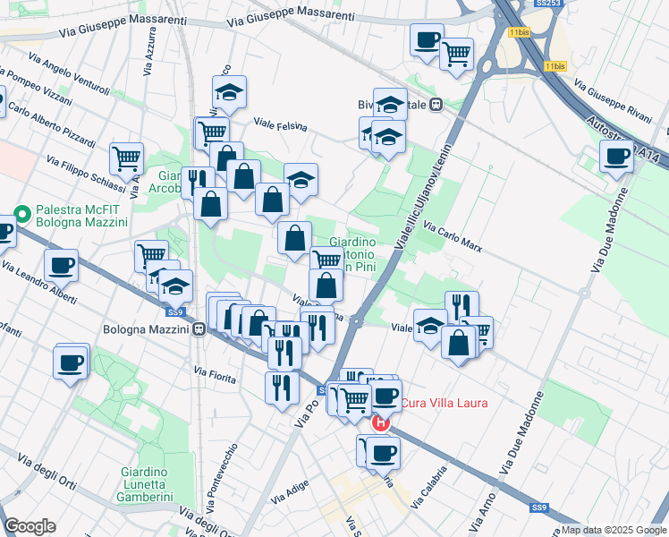 map of restaurants, bars, coffee shops, grocery stores, and more near Stradello in Bologna