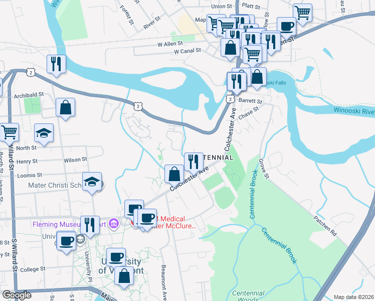 map of restaurants, bars, coffee shops, grocery stores, and more near 205 Riverside Avenue in Burlington