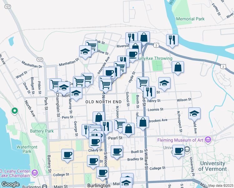 map of restaurants, bars, coffee shops, grocery stores, and more near 29 Hyde Street in Burlington