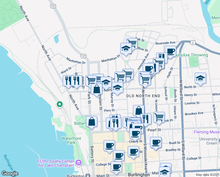 map of restaurants, bars, coffee shops, grocery stores, and more near 122 North Street in Burlington