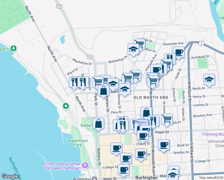 map of restaurants, bars, coffee shops, grocery stores, and more near 122 North Street in Burlington