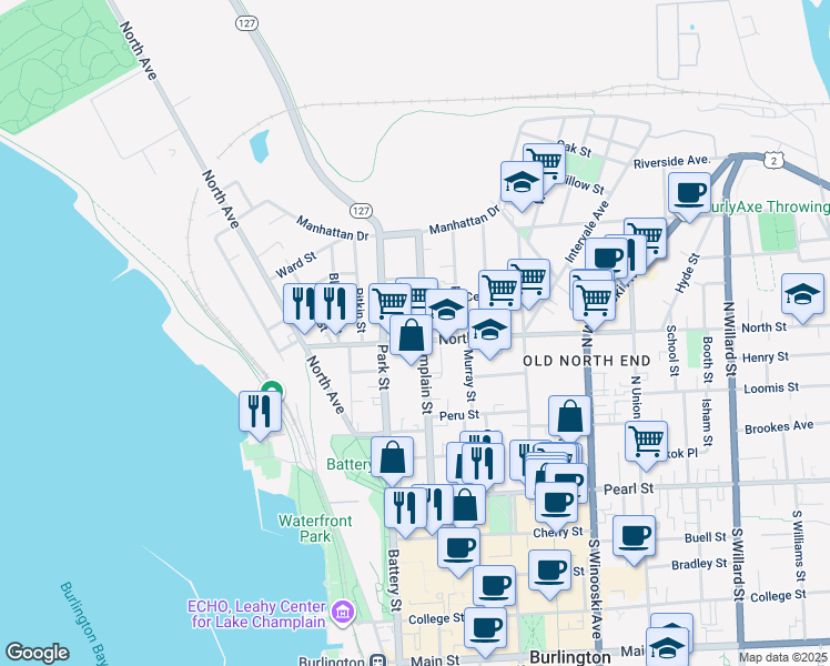 map of restaurants, bars, coffee shops, grocery stores, and more near 173 North Champlain Street in Burlington
