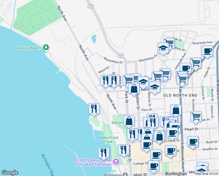 map of restaurants, bars, coffee shops, grocery stores, and more near 47 Drew Street in Burlington