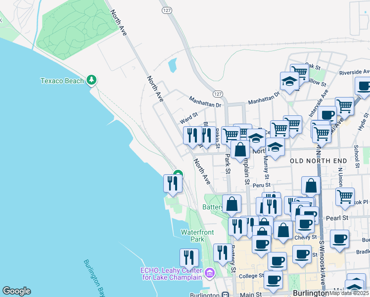 map of restaurants, bars, coffee shops, grocery stores, and more near 47 Drew Street in Burlington