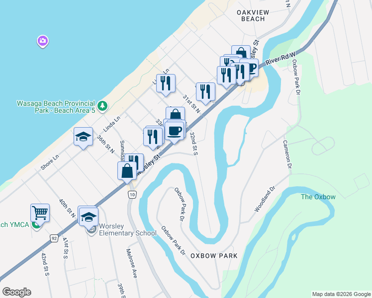 map of restaurants, bars, coffee shops, grocery stores, and more near 60 Sunnidale River Road in Wasaga Beach