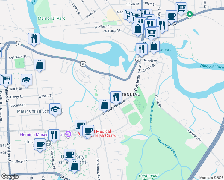 map of restaurants, bars, coffee shops, grocery stores, and more near 205 Riverside Avenue in Burlington