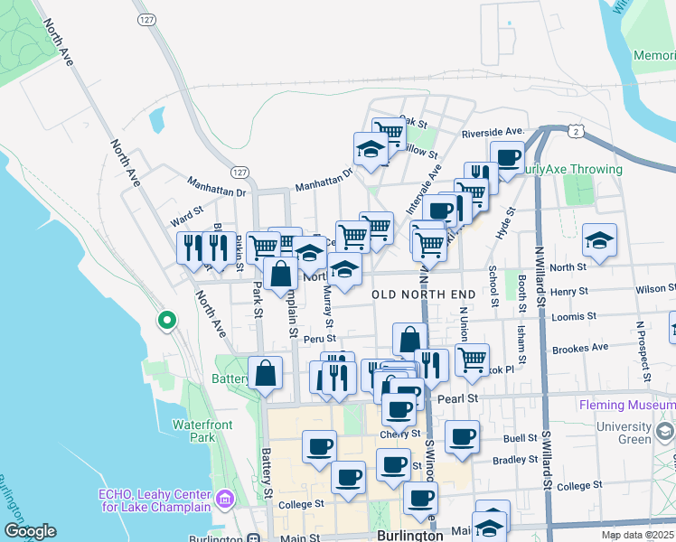 map of restaurants, bars, coffee shops, grocery stores, and more near 160 North Street in Burlington