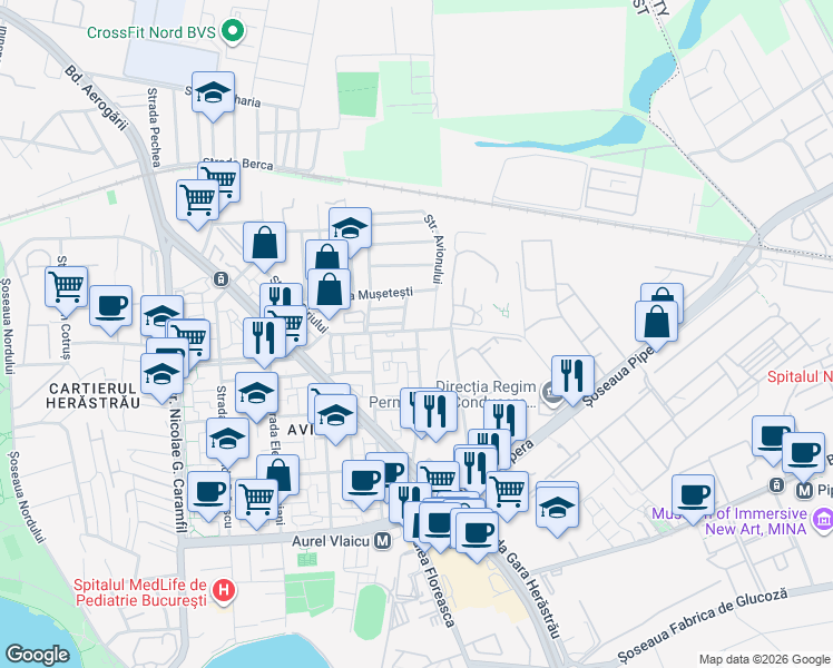 map of restaurants, bars, coffee shops, grocery stores, and more near 52 Strada Avionului in București