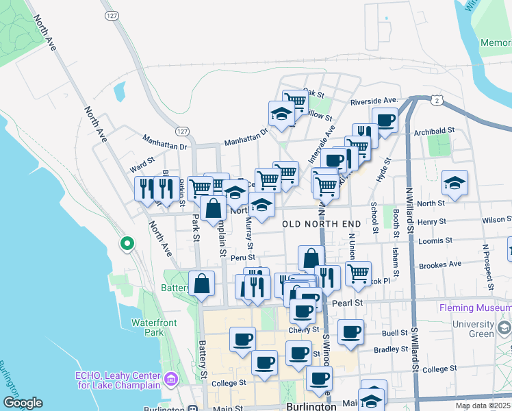 map of restaurants, bars, coffee shops, grocery stores, and more near 160 North Street in Burlington