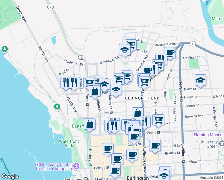 map of restaurants, bars, coffee shops, grocery stores, and more near 122 North Street in Burlington
