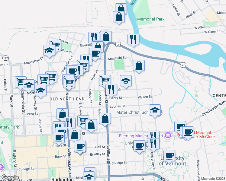 map of restaurants, bars, coffee shops, grocery stores, and more near 440 North Street in Burlington