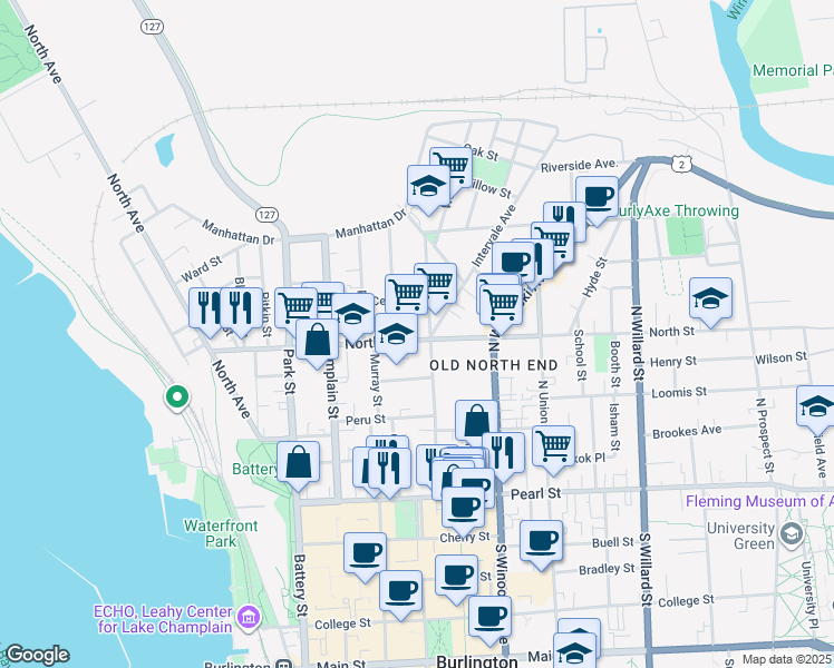 map of restaurants, bars, coffee shops, grocery stores, and more near 160 North Street in Burlington