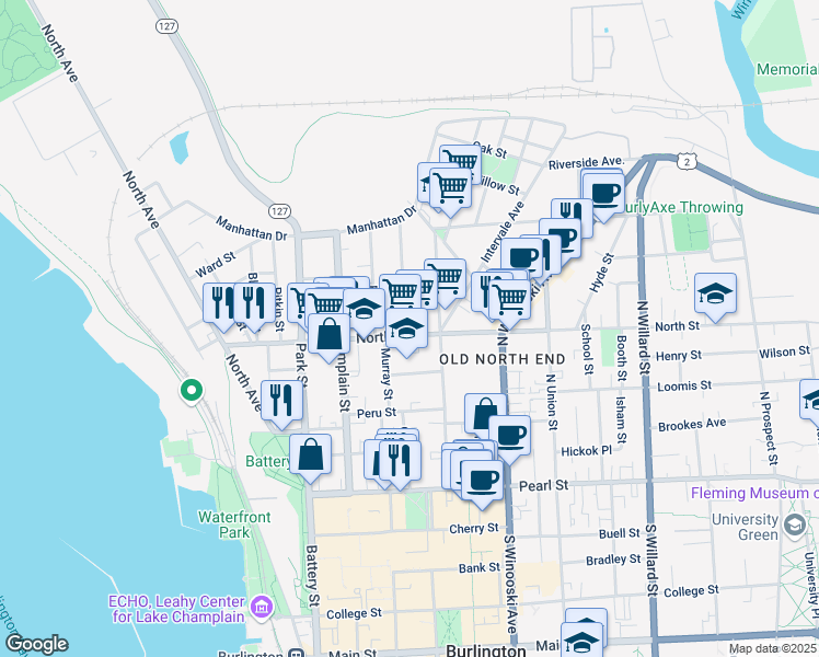 map of restaurants, bars, coffee shops, grocery stores, and more near 160 North Street in Burlington