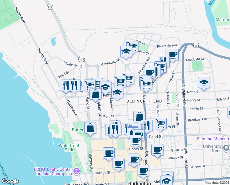 map of restaurants, bars, coffee shops, grocery stores, and more near 160 North Street in Burlington