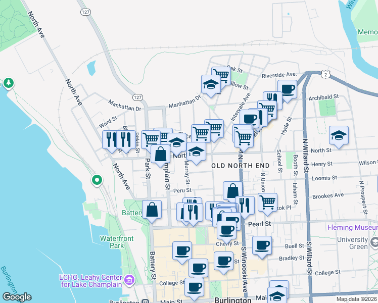 map of restaurants, bars, coffee shops, grocery stores, and more near 122 North Street in Burlington