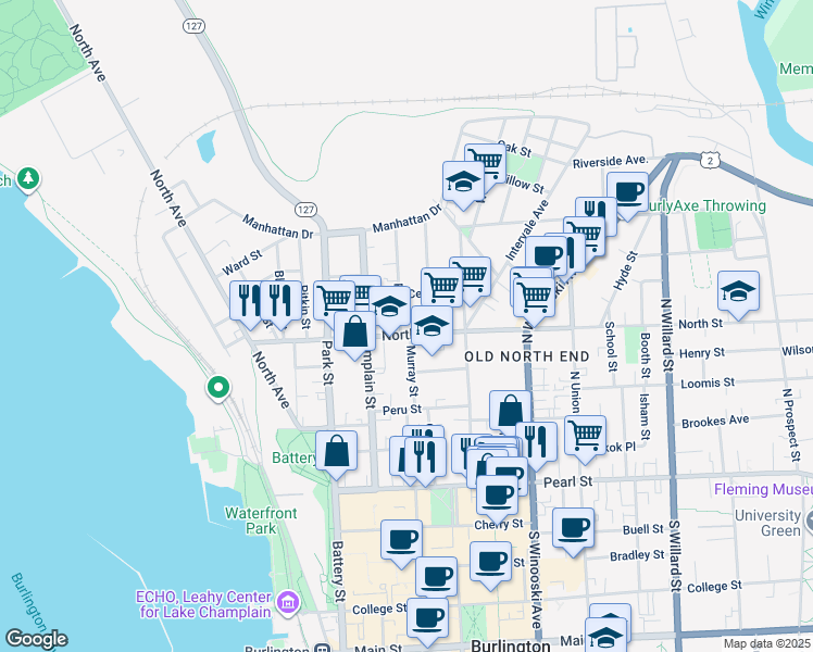 map of restaurants, bars, coffee shops, grocery stores, and more near 122 North Street in Burlington