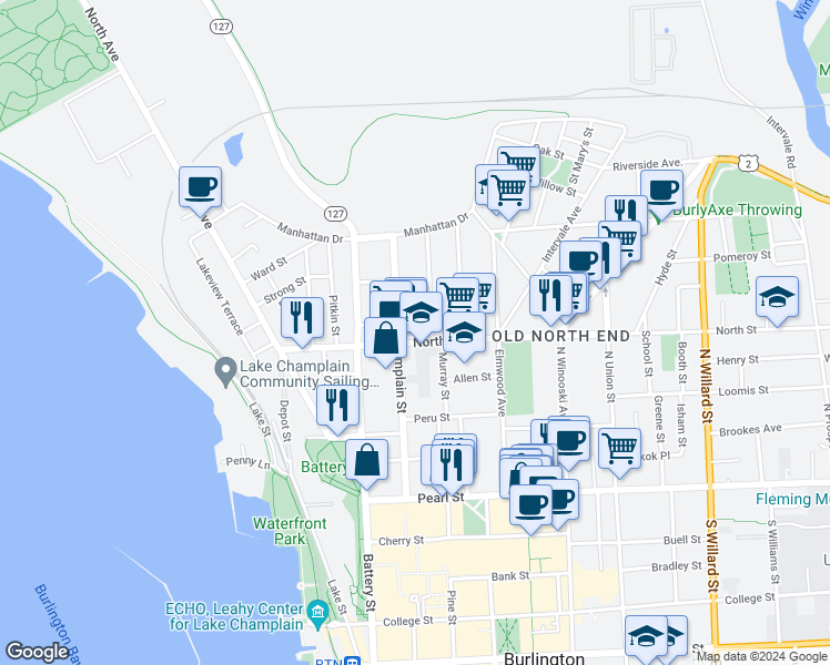 map of restaurants, bars, coffee shops, grocery stores, and more near 122 North Street in Burlington