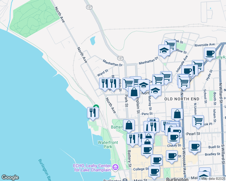 map of restaurants, bars, coffee shops, grocery stores, and more near 36 Blodgett Street in Burlington