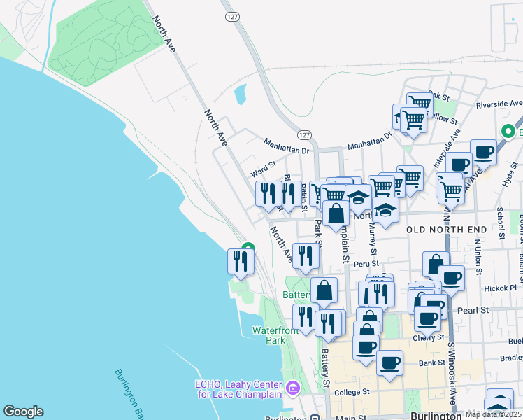 map of restaurants, bars, coffee shops, grocery stores, and more near 47 Drew Street in Burlington