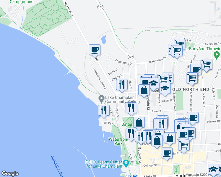 map of restaurants, bars, coffee shops, grocery stores, and more near 47 Drew Street in Burlington