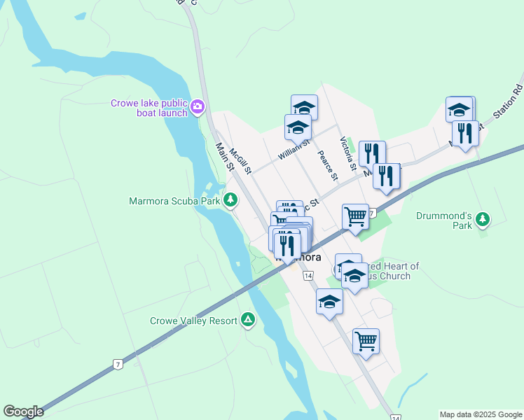 map of restaurants, bars, coffee shops, grocery stores, and more near 10 Main Street in Marmora