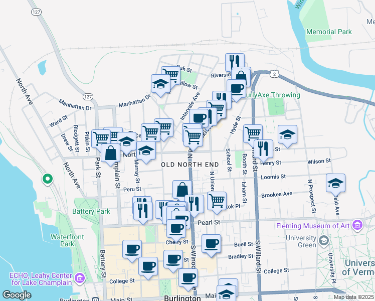 map of restaurants, bars, coffee shops, grocery stores, and more near 260 North Street in Burlington