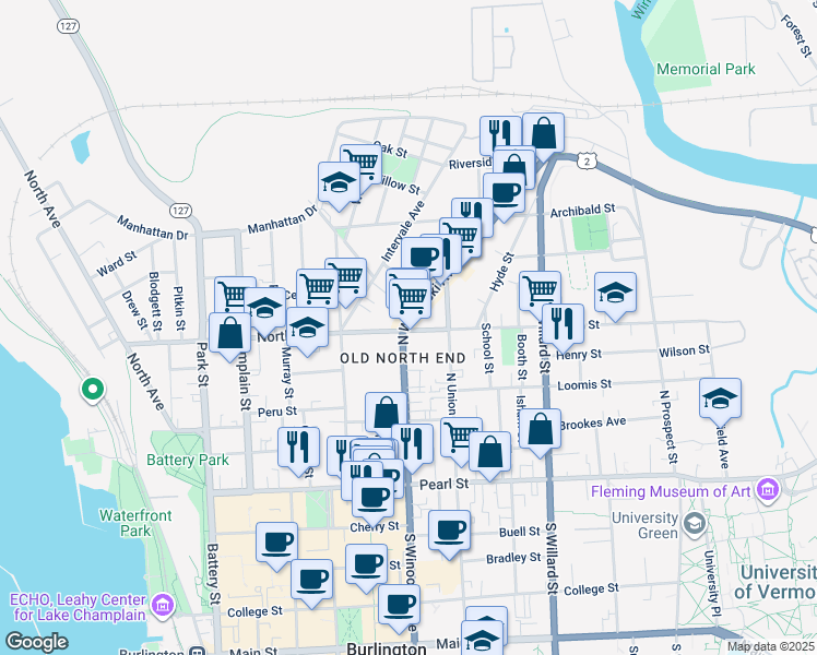 map of restaurants, bars, coffee shops, grocery stores, and more near 264 North Street in Burlington