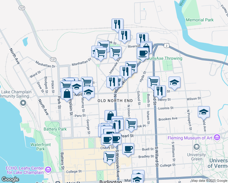 map of restaurants, bars, coffee shops, grocery stores, and more near 153 North Winooski Avenue in Burlington