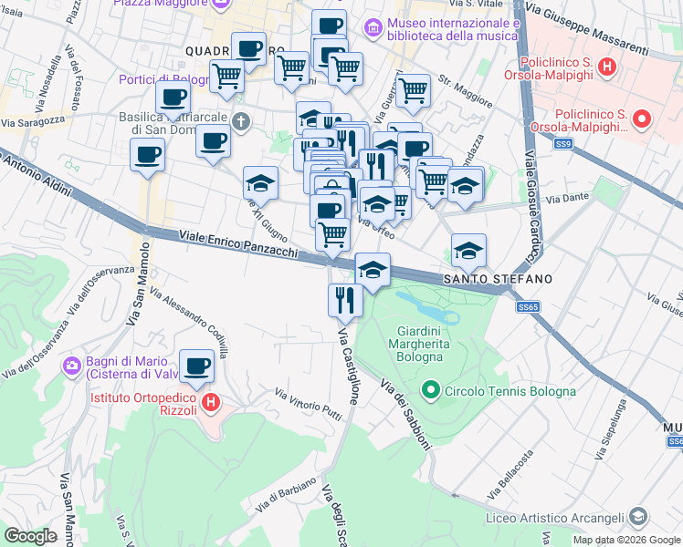 map of restaurants, bars, coffee shops, grocery stores, and more near 2-18 Via degli Angeli in Bologna