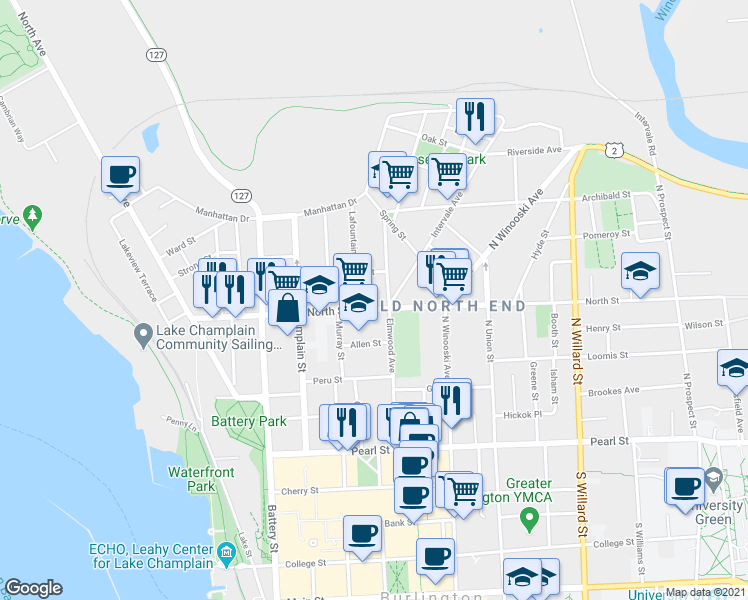 map of restaurants, bars, coffee shops, grocery stores, and more near 160 North Street in Burlington
