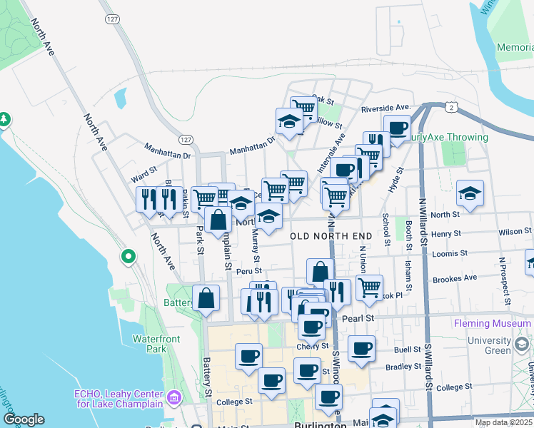 map of restaurants, bars, coffee shops, grocery stores, and more near 160 North Street in Burlington