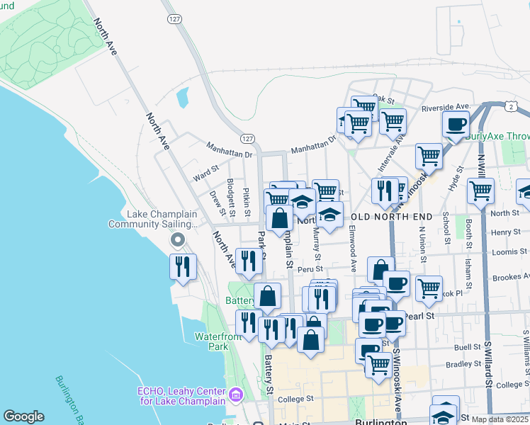 map of restaurants, bars, coffee shops, grocery stores, and more near 175 Park Street in Burlington