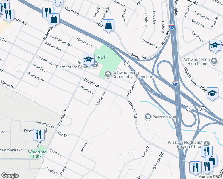 map of restaurants, bars, coffee shops, grocery stores, and more near 1309 Ponderosa Avenue in Ashwaubenon
